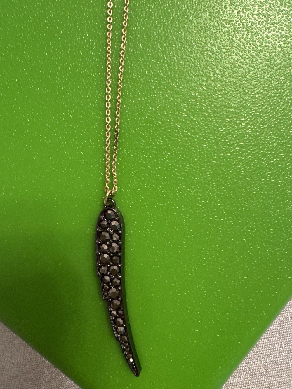 Victoria's Secret Long Wing Necklace Costume Jewelry Black Rhinestone Gold